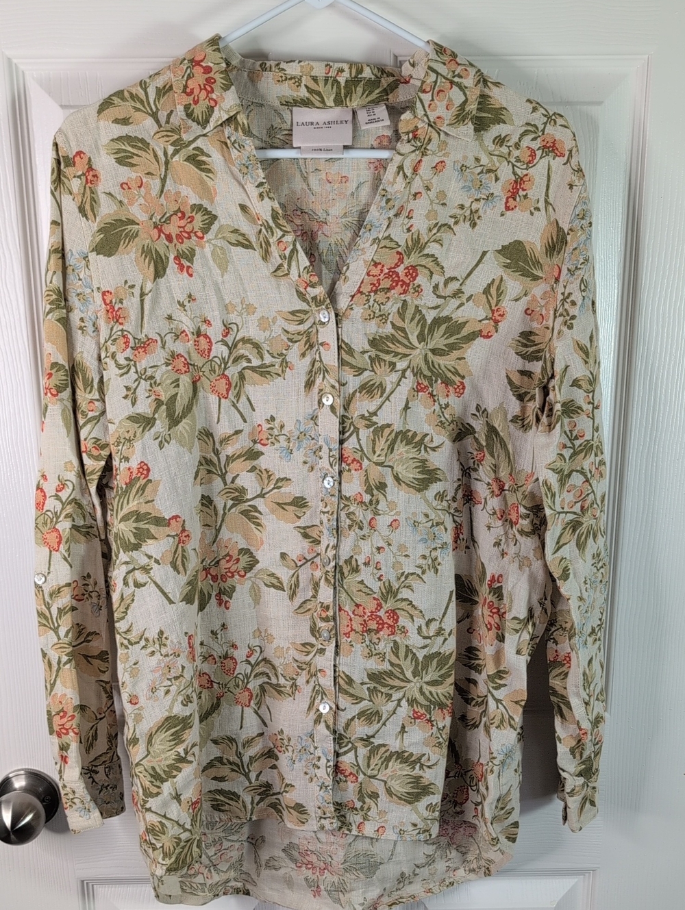 Laura Ashley 100% LinenBeige Floral Button-Up Shirt Size M